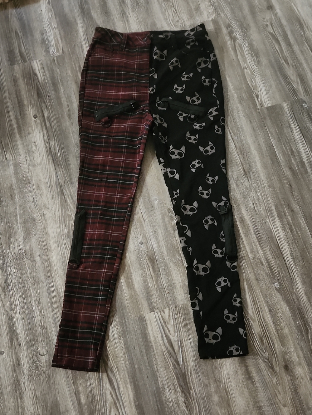Two-Tone Red Plaid & Black Skull Print Pants